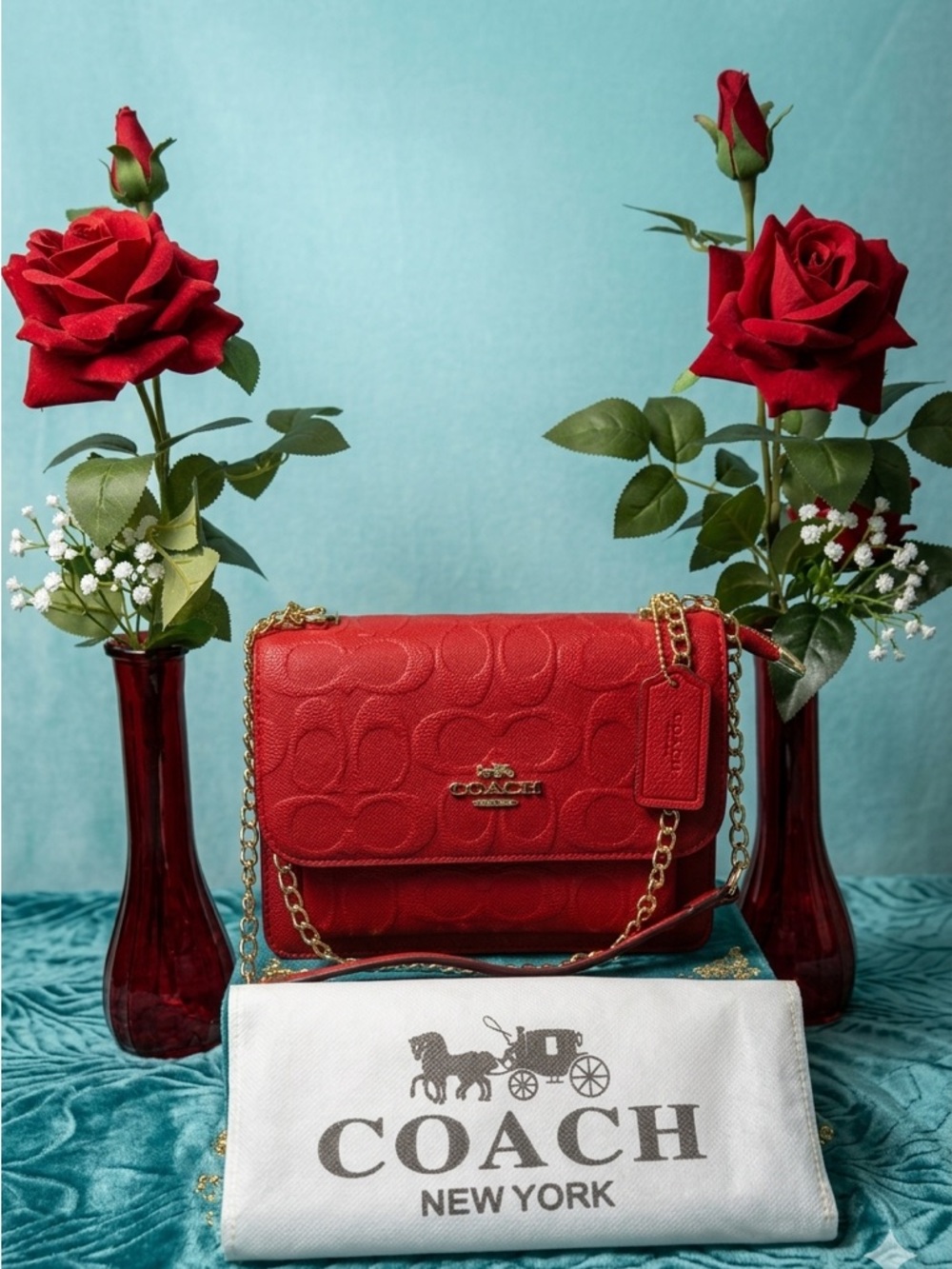 Coach Red Signature Leather Chain Crossbody Bag